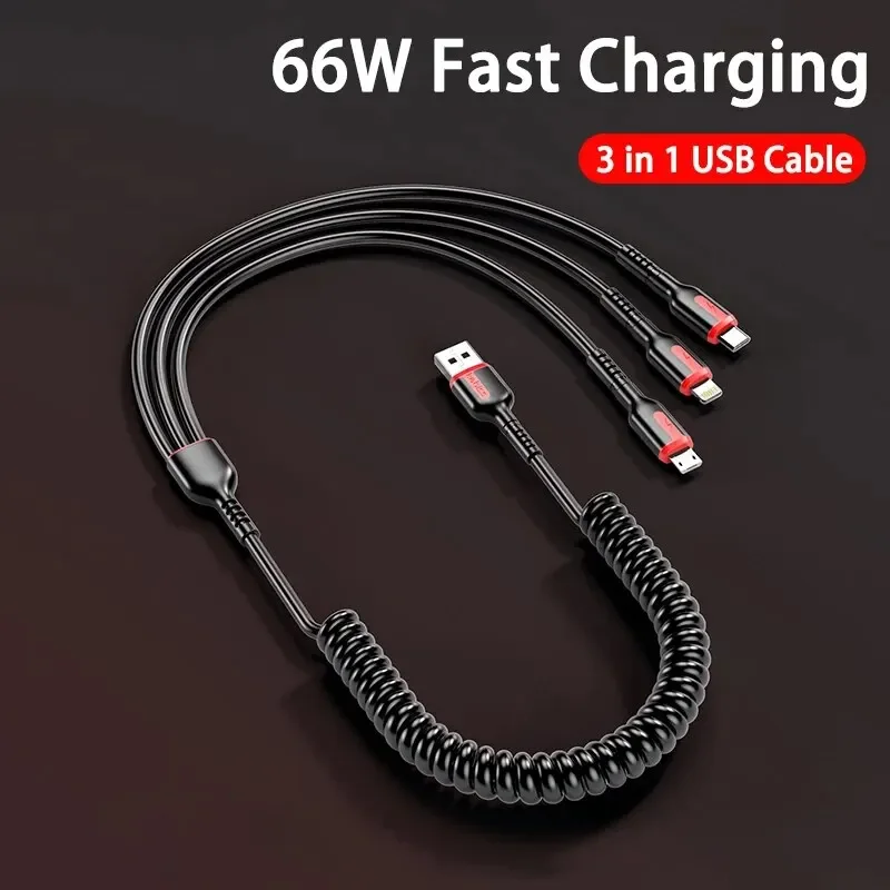 3 in 1 66W 6A Fast Charging USB Type C Cable Micro USB Cable for iPhone Charging Cable for Samsung Xiaomi Charger Cable