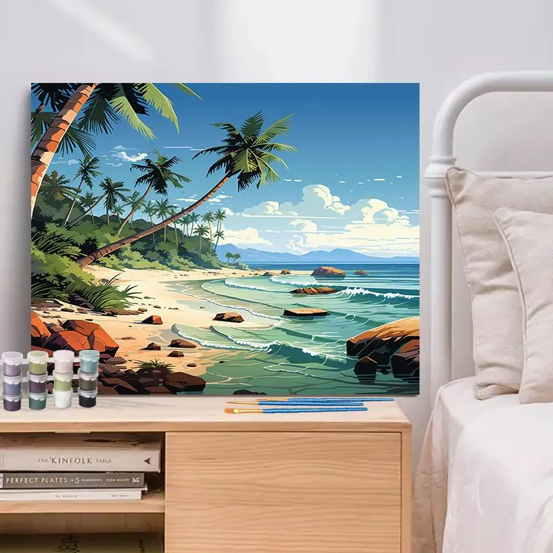 CHENISTORY Paint By Number Coconut Tree Sea View Scenery Kits Drawing On Canvas DIY Pictures By Number Gift Home Decor