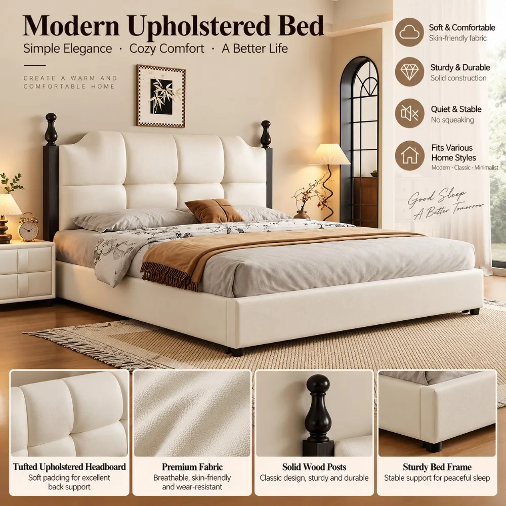 Retro Mid‑Century Genuine Leather Double Bed, Tall Upholstered Headboard, Sliding Storage Box Bed for Master Bedroom
