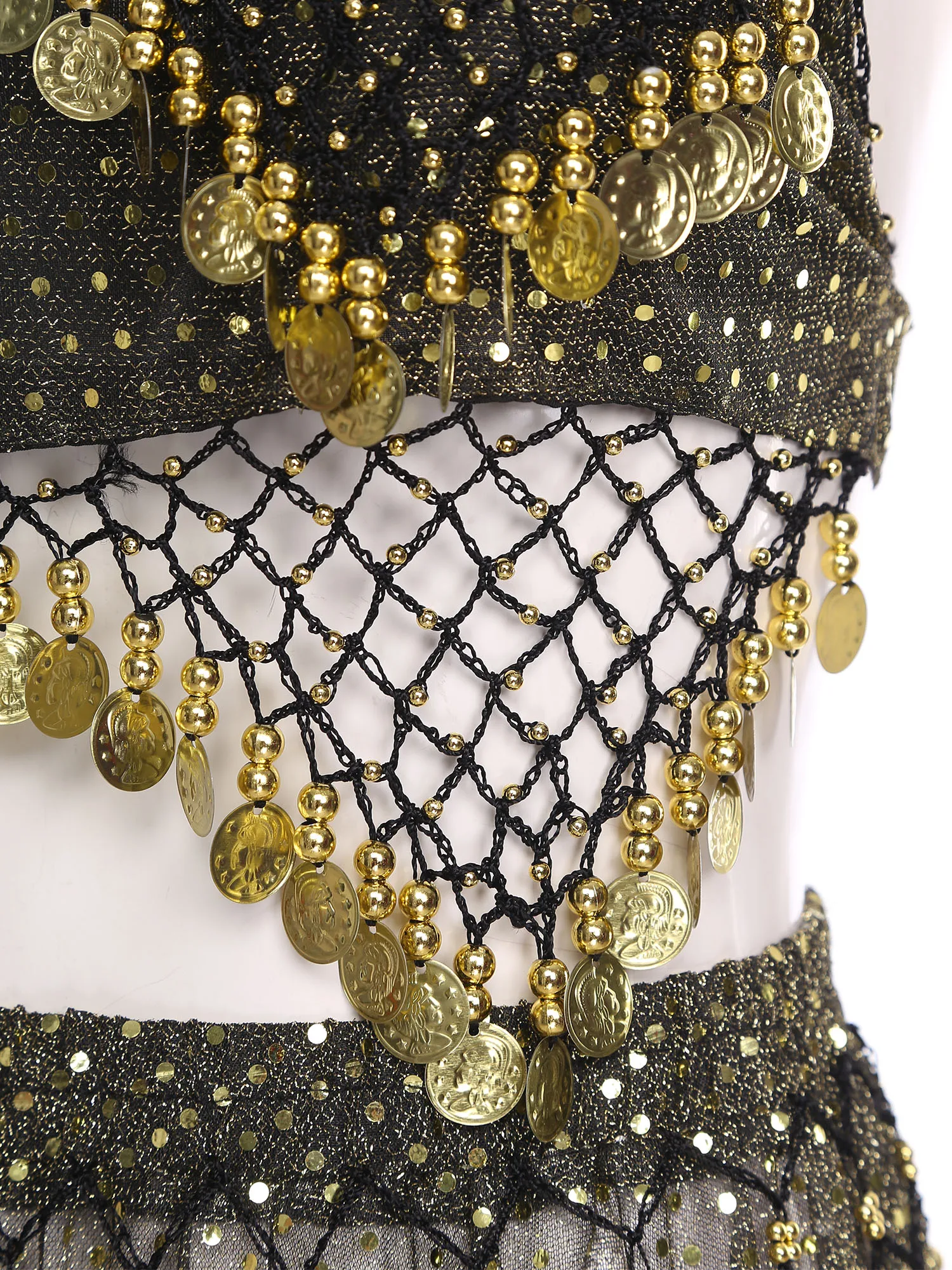 Womens Sequined Belly Outfits Crisp Sound Maker Tassel Sheer Mesh Lace-up Crop Top And Irregular Hem Skirt for Dancewear