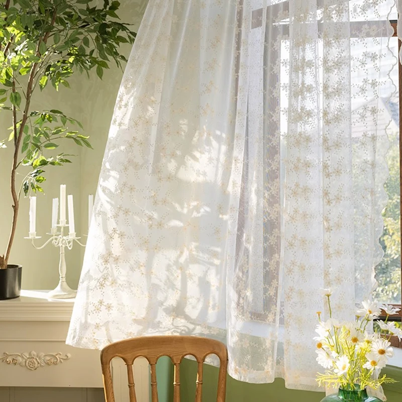 

2Pcs Embroidery Sheer Curtains for Living Room Bedroom Short Window Curtains for Kitchen Beige Tulle Voile Drapes Home Decor