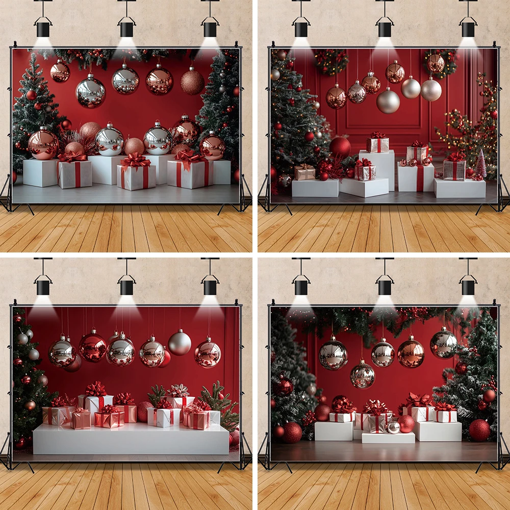 Christmas Vintage Disco Silver Balls Red Wall Background Gift Xmas Tree Party Children Portrait Photography Backdrop Studio Prop