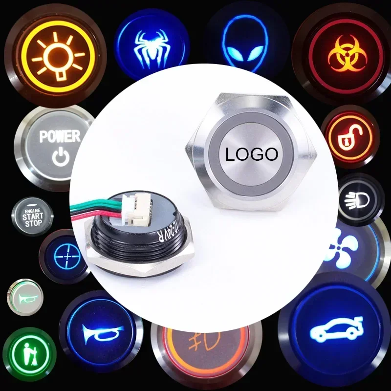 16/19/22/25/30 Mm Niestandardowy wzór Samochód DIY Wodoodporne światło LED Chwilowy przełącznik przyciskowy Samoresetuj logo Symbol Przełącznik 5v 24v