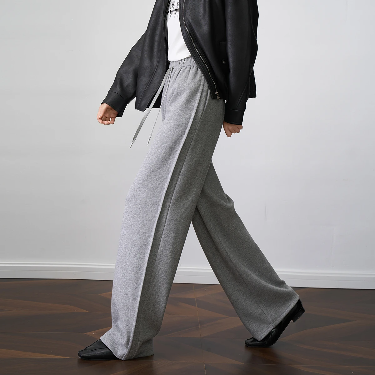 OLrain Women's Grey Straight Leg Pants 2025 Autumn LElastic Waist Drawstring Drape Trousers Casual Versatile Bottoms O57DK001910