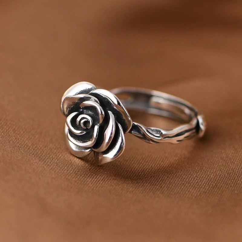 Fashion Lady S925 Ring Adjustable Vintage Relief Rose Flower Ring Women Jewelry Gift For Girlfriend