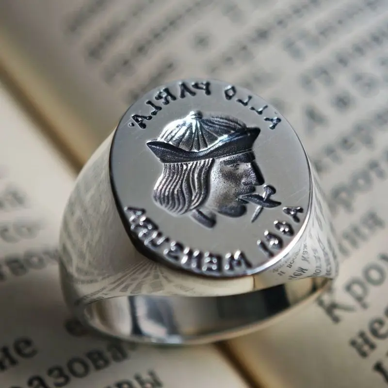 Vintage Style Speak Cautiously Act Prudently Signet Ring Retro Distressed Personalized Jewelry Band Men