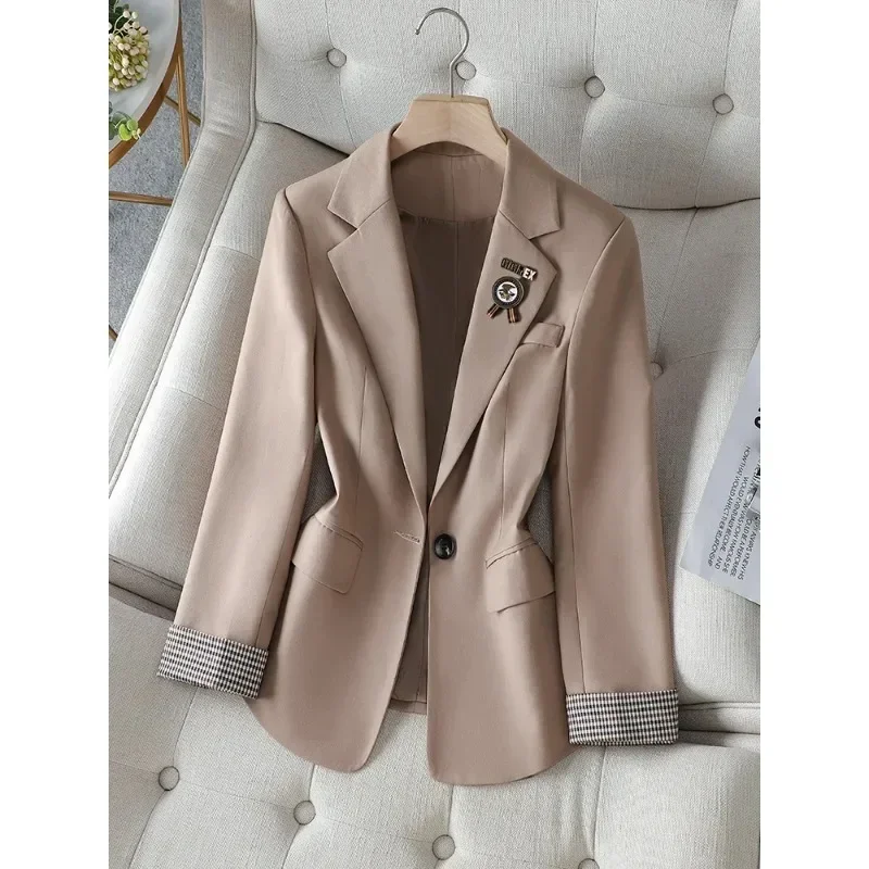 Jaqueta monocromática de botão único feminina, preta, marrom, caqui, casaco casual com blazer, primavera, outono