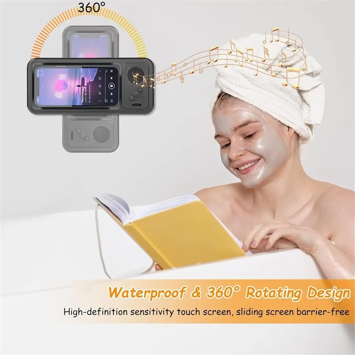 Shower Phone Holder with Wireless Bluetooth Speaker, 480° Rotation, Bathroom Wall Phone Mount Stand WaterProof Anti Fog