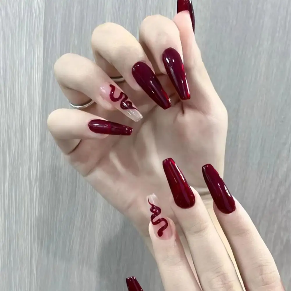 24pcs/box T-shape Fake Nails With Snake Design Red Square Head French Nail Tips Press on Nails Waterproof Faux Fingernails