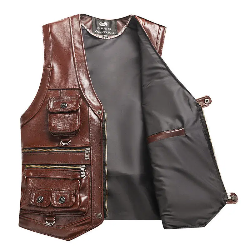 Men\'s Genuine Leather Vest  Keep Warm In Autumn and Winter Top Layer Cowhide Spring and Autumn Multiple Pockets Photography