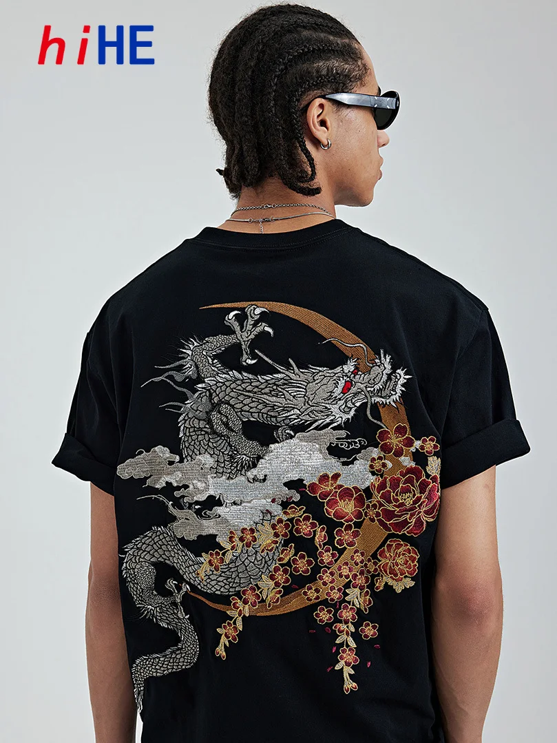 Creative Dragon Embroidered Heavy Tshirt for Men Cotton Embroidery Short Sleeve T-Shirt Chinese-Style Summer Luxury D010A1