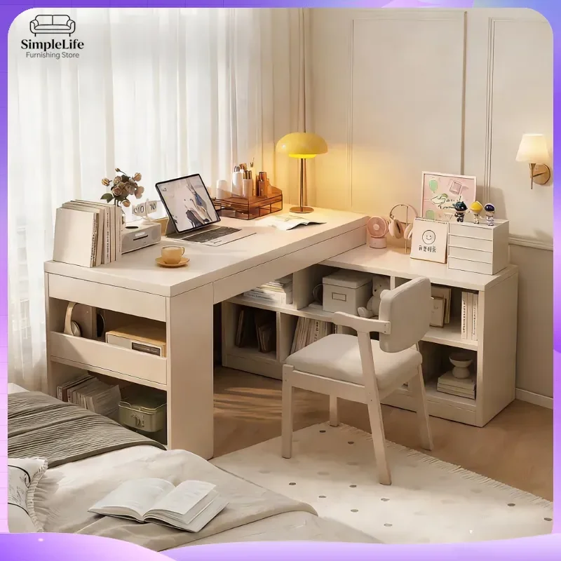L Shaped Computer Desk with Bookshelf Integrated Study Desk for Students Home Office Writing  Corner Bedroom Desk