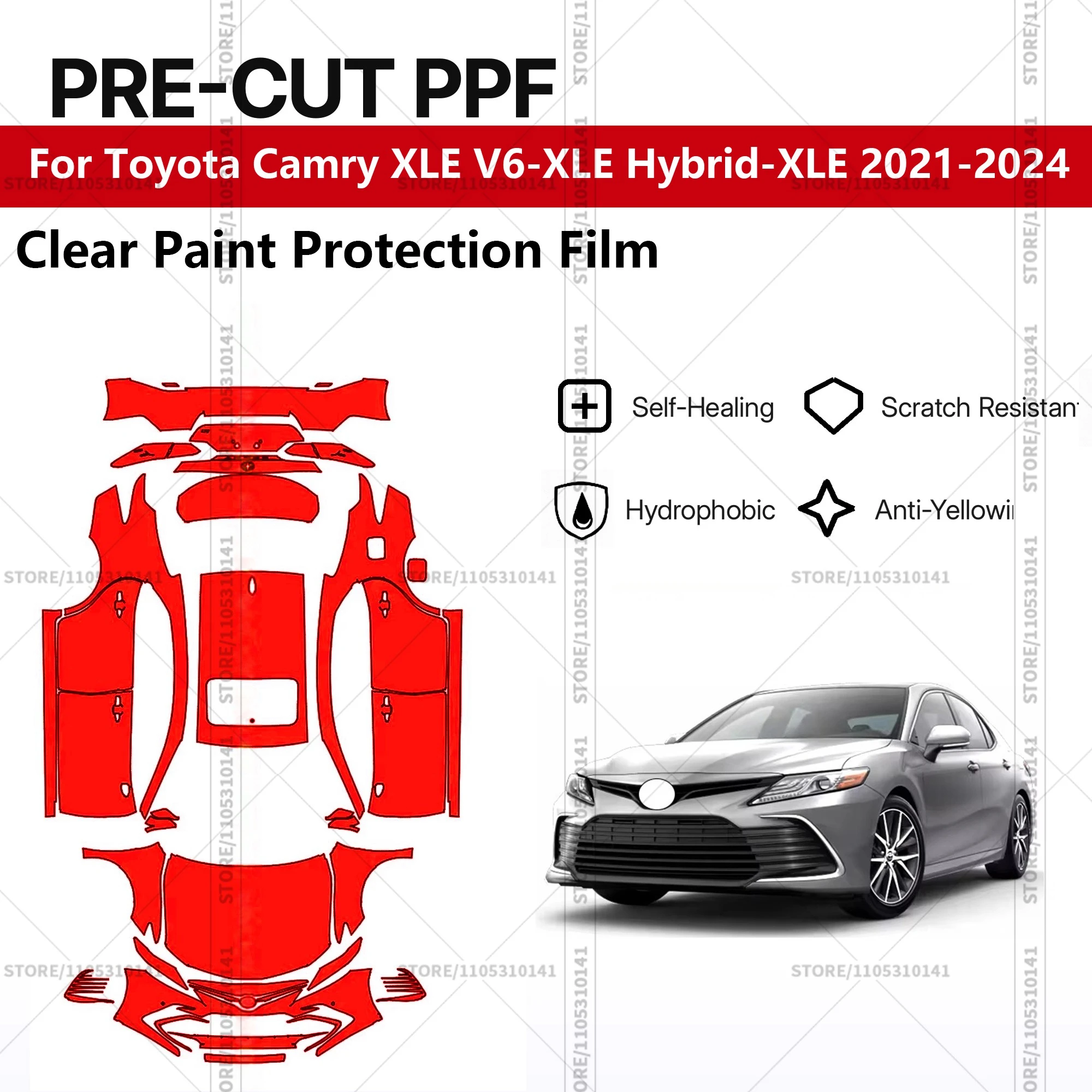 

Для Toyota Camry XLE V6-XLE Hybrid-XLE 2021-2024: Предварительно вырезанная прозрачная защитная пленка (PPF) для автомобиля
