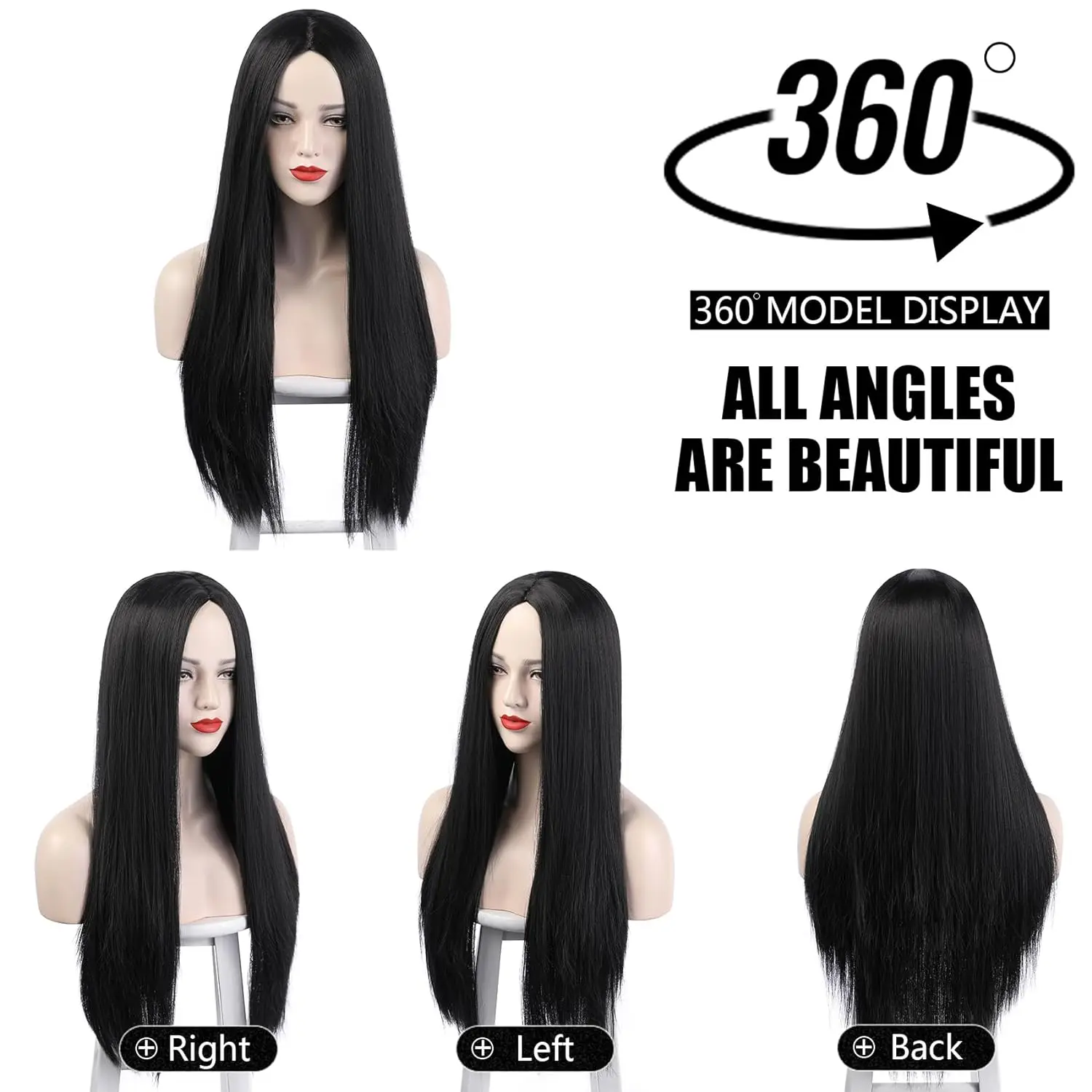 شعر مستعار أسود طويل للنساء ، زي Morticia addams ، زي Cher ، شعر مستعار هالوين ، سحرة حزب 70s