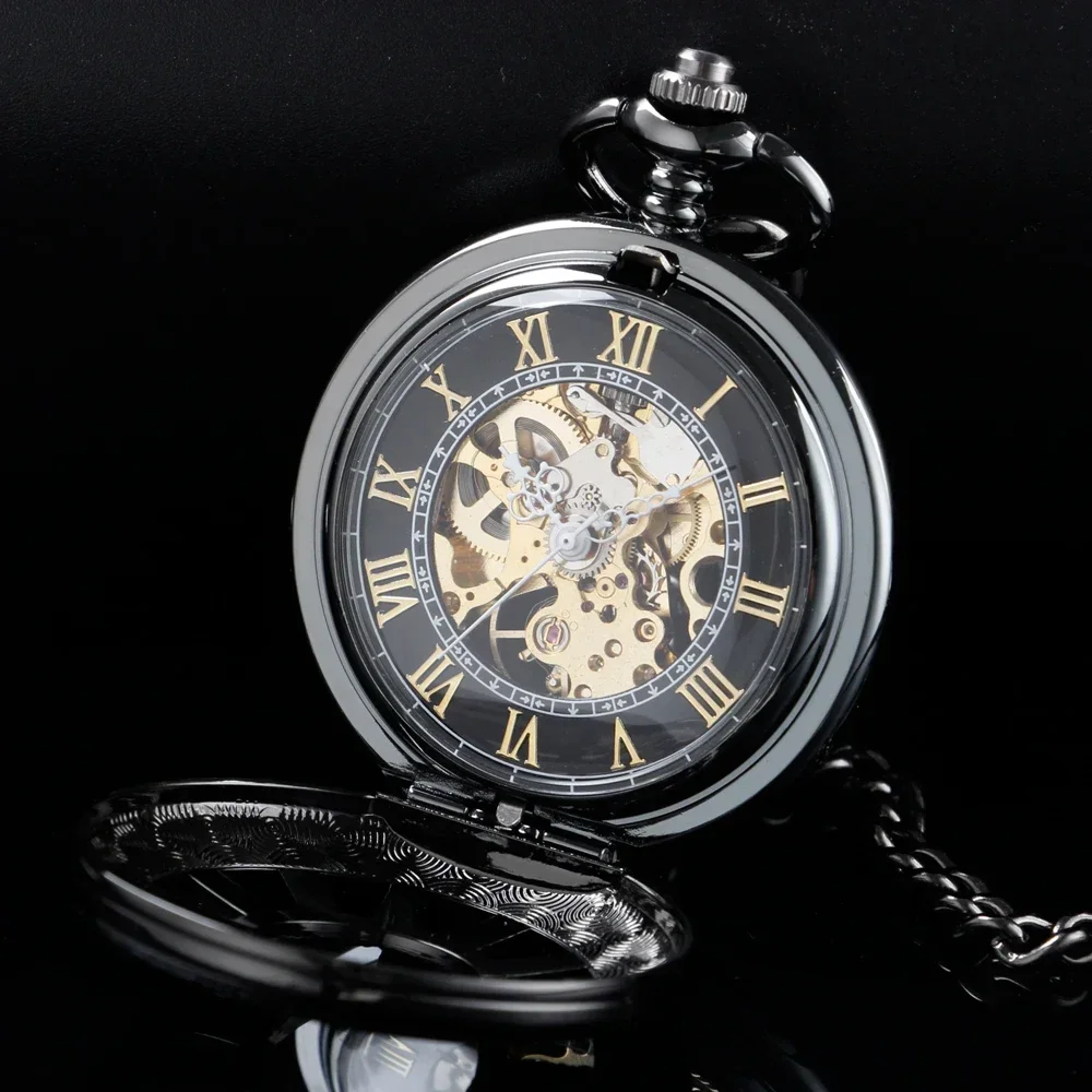 Black Mechanical Pocket Watch Men Antique Style Gift Pocket Chain Timepiece Roman Numerals Dial Display Vintage Watch Male