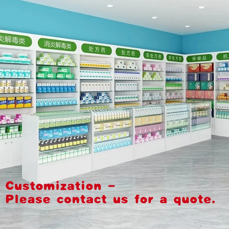 

Customize.Customized Modern Retail Pharmacy Store Layout Design Decoration Factory Price Display Counter Cabinet LED Lighting Di