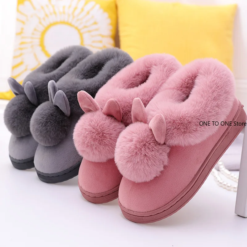 

Winter Warm Home Fur Boots Womens Indoor Home Rabbit Shoe Furry Ears Footwear Indoor Bedroom Flat Heels Fluffy Ankle Boots