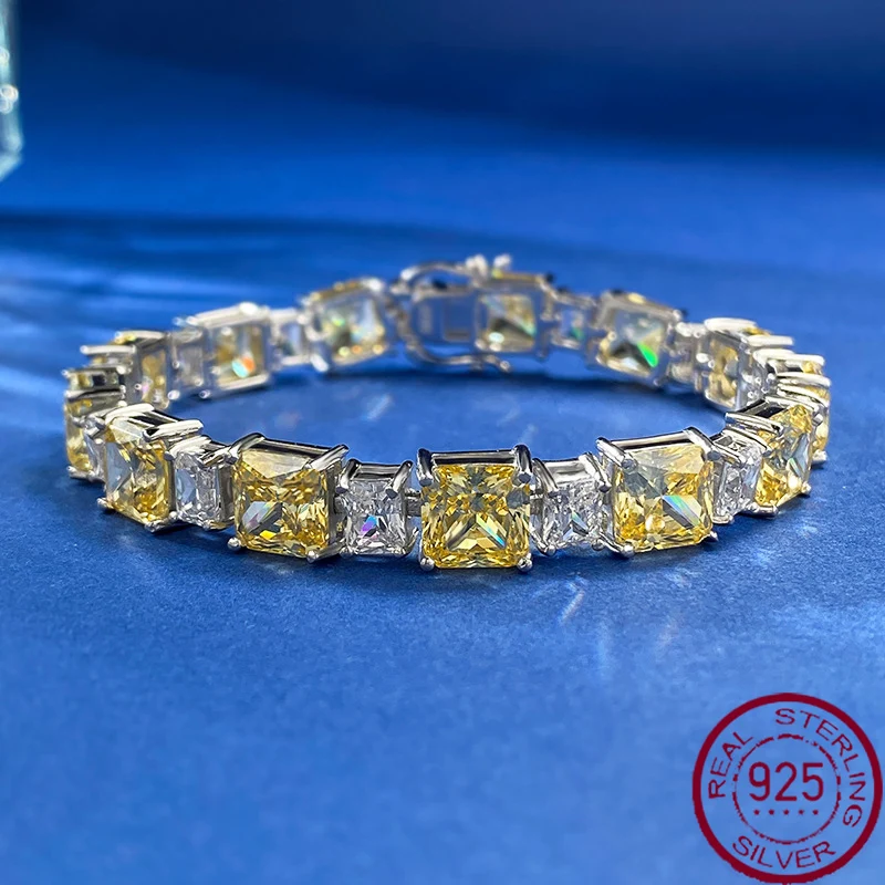 

2023 New 925 Silver Fashion Simulated Diamond 7 * 7 Ice Flower Yellow Diamond Bracelet, Feminine and Luxury