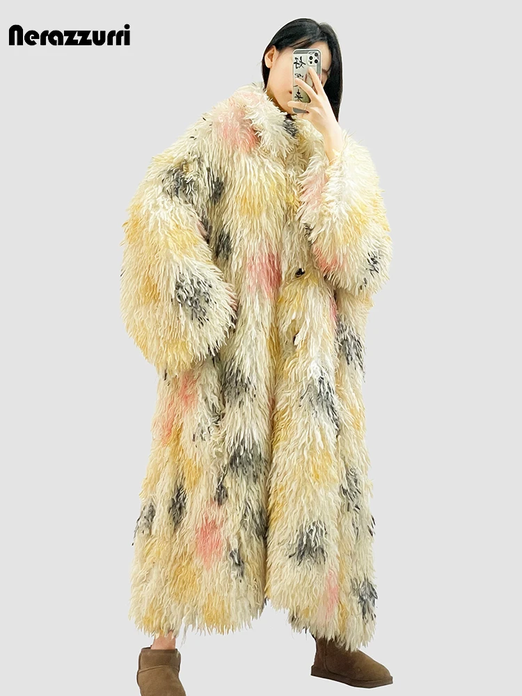 Nerazzurri Winter Long Oversized Colorful Multicolored Shaggy Hairy Warm Faux Fur Coat Women Loose Casual Fluffy Overcoat 2023