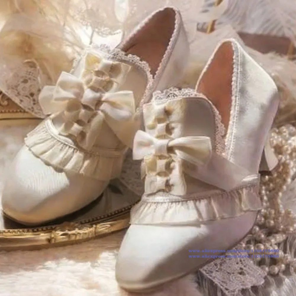 

White Satin Lolita Heels Ruffle Bow Bridal Shoes for Wedding Lolita Style Satin Pumpswomen's Shoes Sandalias De Mujer Verano