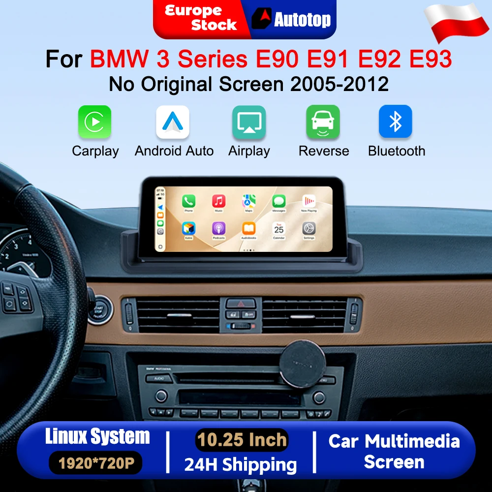 Autoradio da 10,25 pollici 1920*720P con CarPlay wireless e Android Auto per BMW Serie 3 E90 E91 E92 E93 senza schermo originale 2005-2012, sistemi intelligenti per auto, schermo touch multimediale