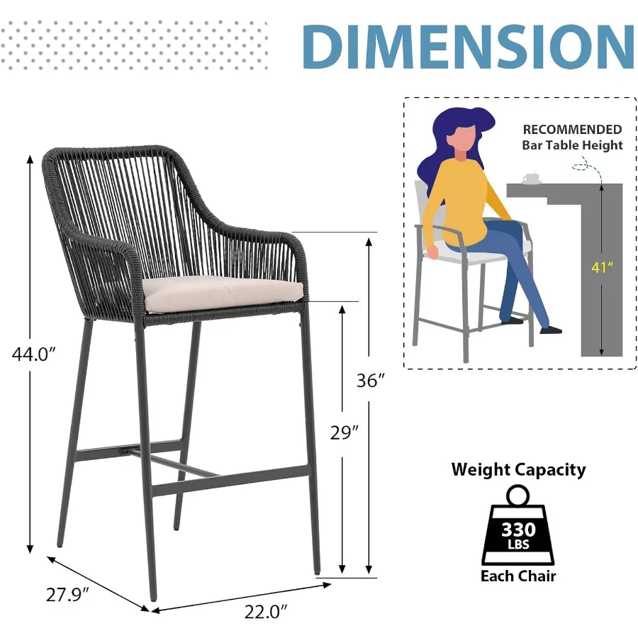 Barhocker aus Korbgeflecht, 2er-Set, Terrasse, Outdoor, Rattan-Seil, Barhöhenstühle mit Kissen, Armlehne und Fußstütze für Innengarten, Poo