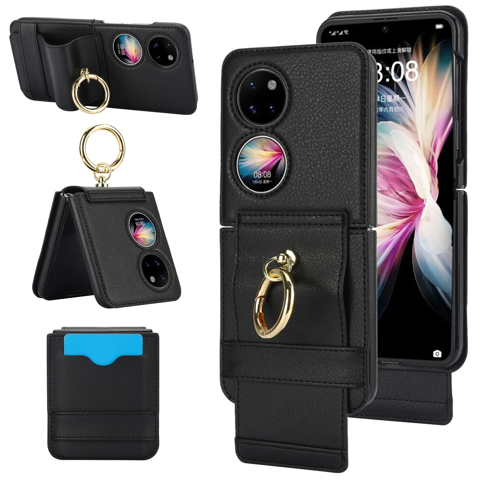 For Huawei P50 pocket For Huawei pocket 2 Case Ring Holder Cards Slot Leather Wallet Bag Magnetic Purse Stand Phone Cover