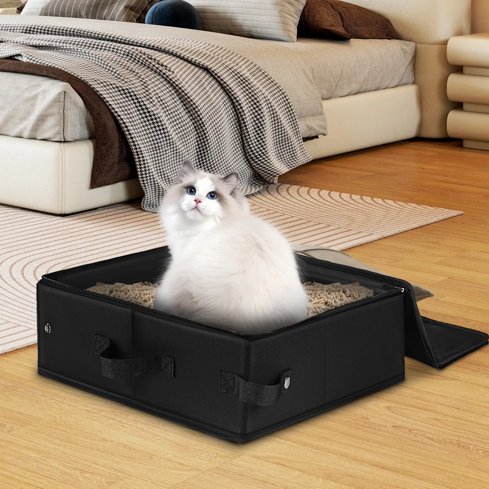 

Portable Cat Box Foldable Travel Case 600d Black Oxford Large Capacity Durable Travel Litter Box For Cats Material Pet Supply