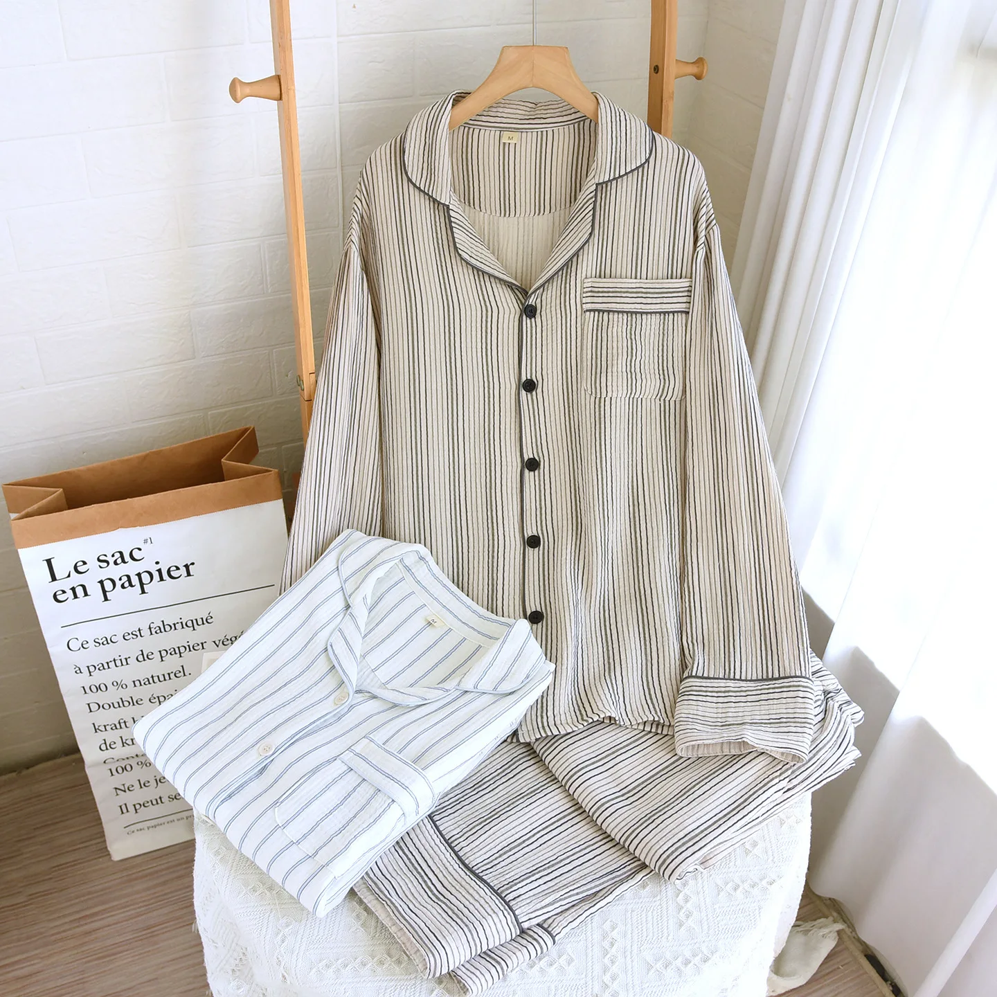 Pure Cotton Long Sleeve Trousers Couple Sleepwear Striped Male Pajamas For Man Nightwear Spring Autumn Soft lapel Pyjamas