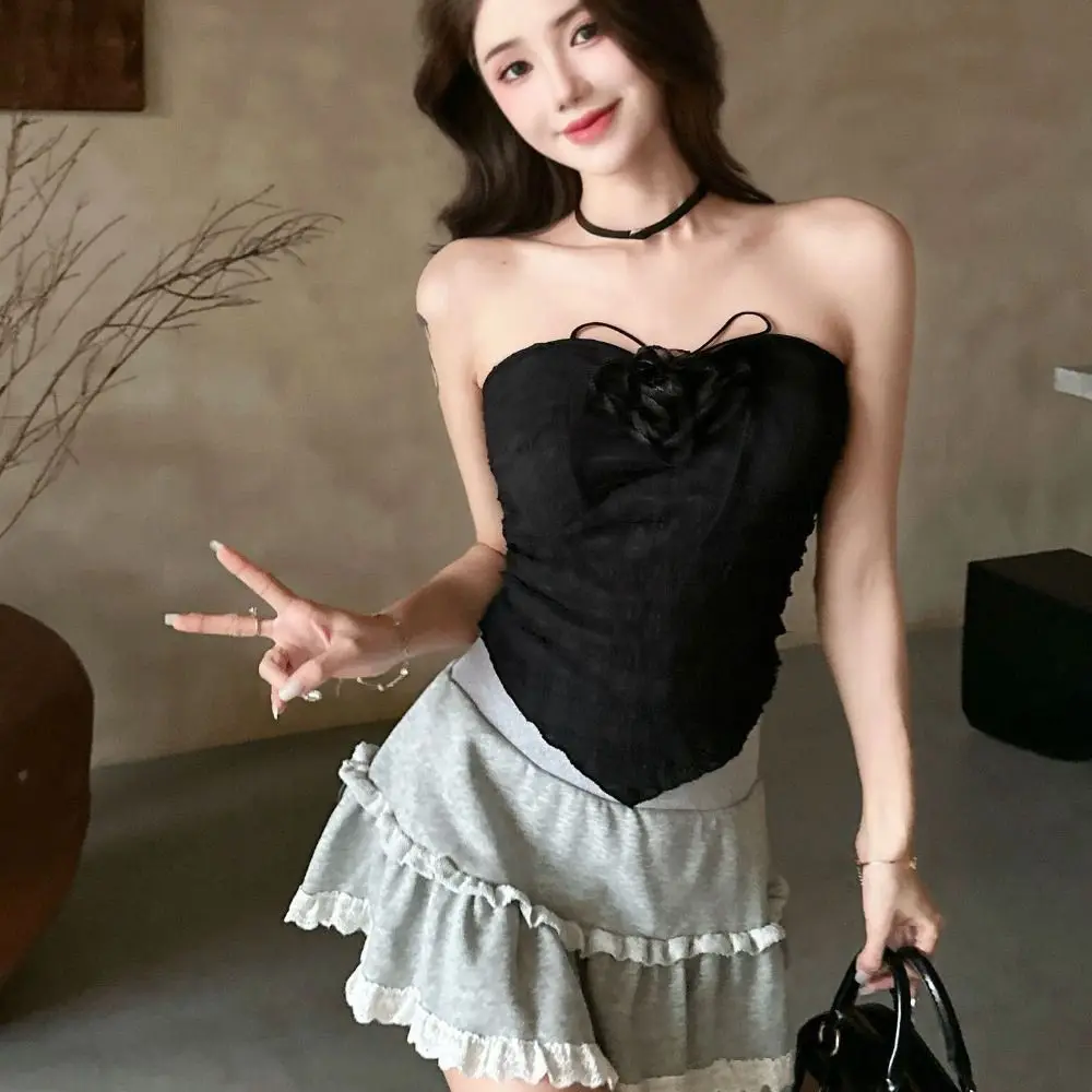 Onregelmatige geplooide halter bloem hemdje zoet pittig meisje slanke crop tops mouwloos jarretelvest dames meisje