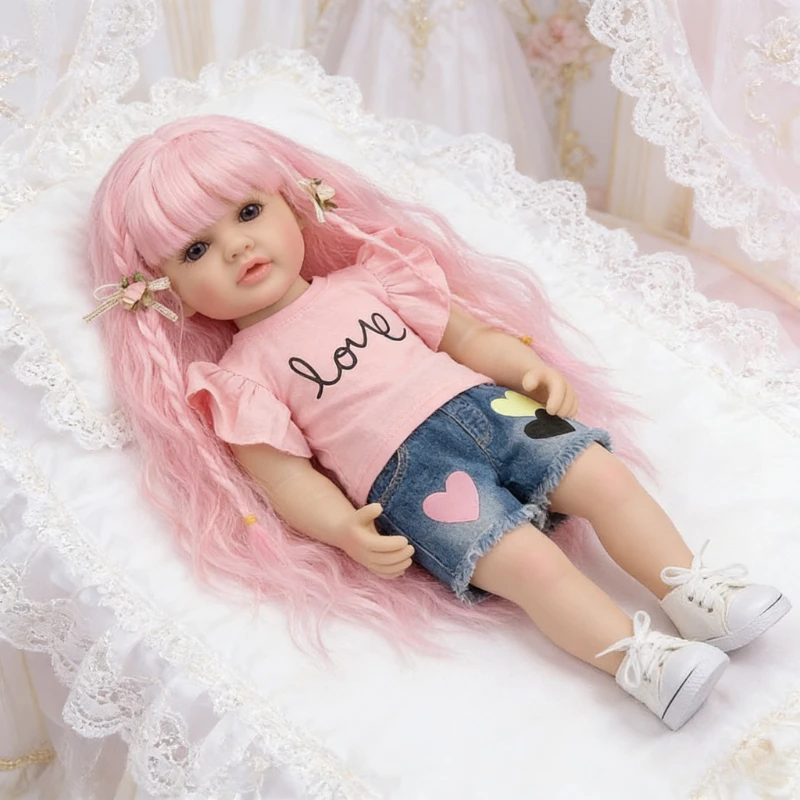 

Кукла-девочка Бетти 55 см с полностью виниловым телом, как на фото, с розовыми кудрявыми волосами