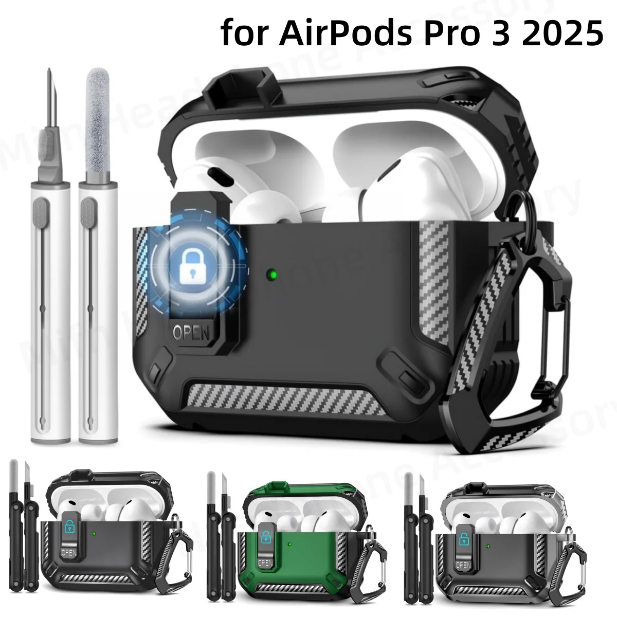 حافظات قفل آمنة لهاتف AirPods Pro 3 (2025 جديد) مع طقم تنظيف وغطاء حماية من السقوط لسلسلة المفاتيح لعلبة AirPods Pro 3 Funda
