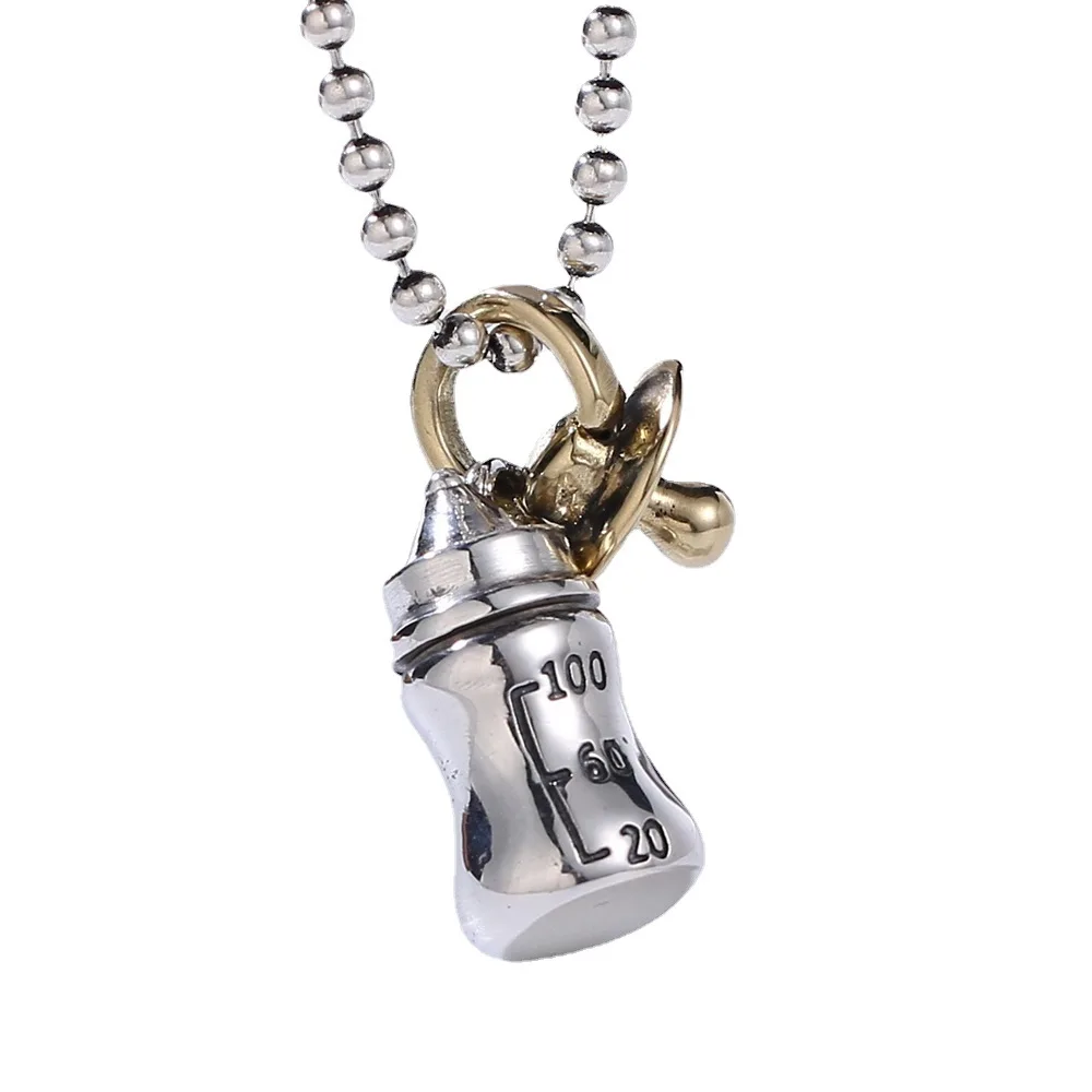 S925 Sterling Silver Baby Bottle Hip Hop Pacifier Necklace Pendant