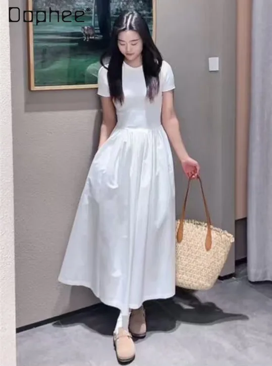 

Elegant Women's Short Sleeve Midi Dress Crew Neck Patchwork A Line Swing Dress Casual Long Dresses Spring Summer Daily Outfit