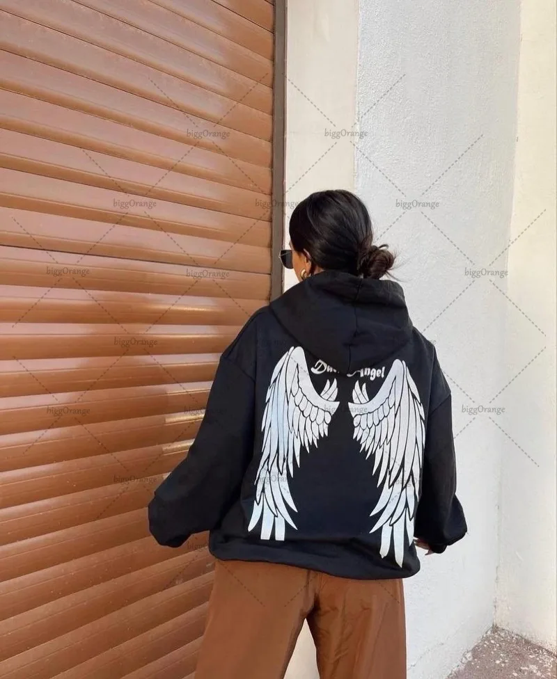 High Street Fashion Versatile Angel Wings Printed Loose Hoodie Men Harajuku Y2K Casual Personalized Oversized Sweatshirt Women