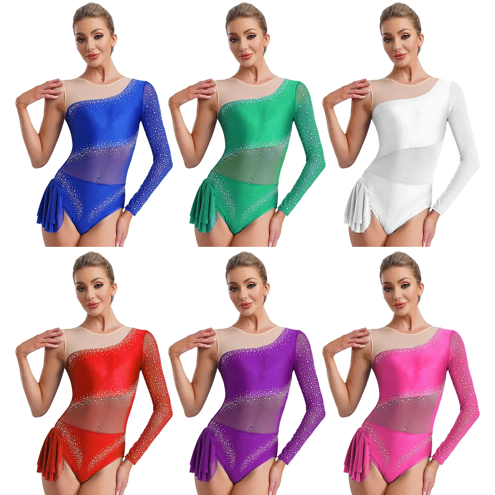 Women Gymnastics Acrobatics Stage Performance Dancewear Yoga Bodysuit Shiny Rhinestones Ballet Dancewear Figure Skating Costume