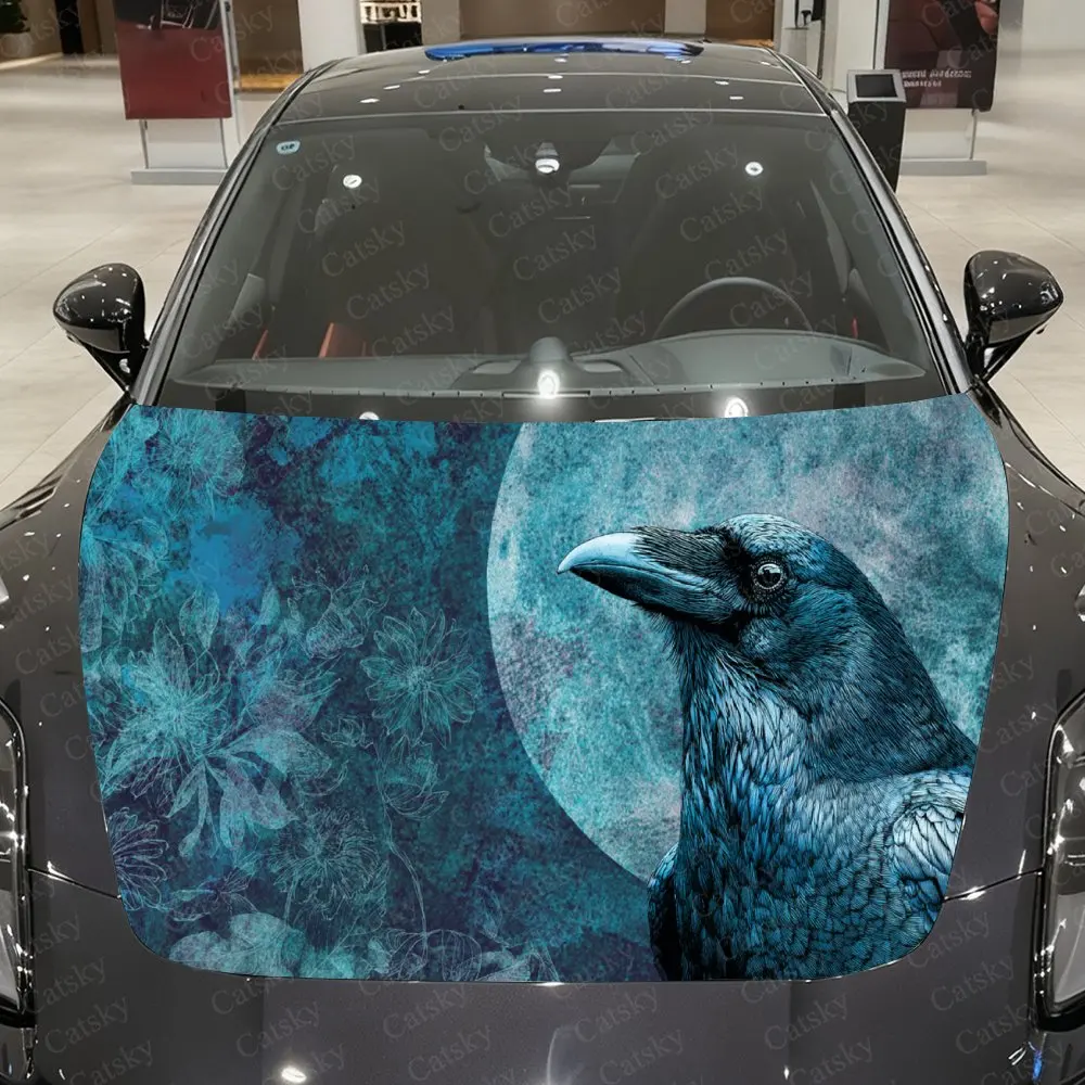 Car Decal Blue Raven with Moon Textural Artistic Fusion Design, Creating a Mysterious and Lunar-Dark Fantasy Visual Car Hood Sti