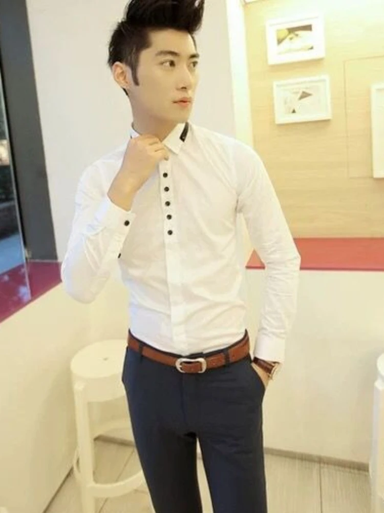 

White Men Long Sleeve Shirt Autumn Korean Style Slim Fit Personality Trendy Casual Elegant Versatile Shirt
