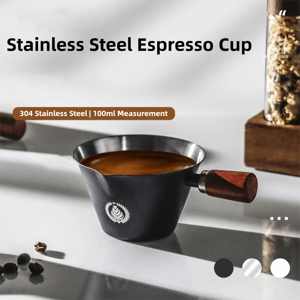 Wooden Handle Coffee Espresso Cup 304 Stainless Steel V-shaped Spout Coffee Measuring Cup Durable 100ML Coffee Extract Cup
