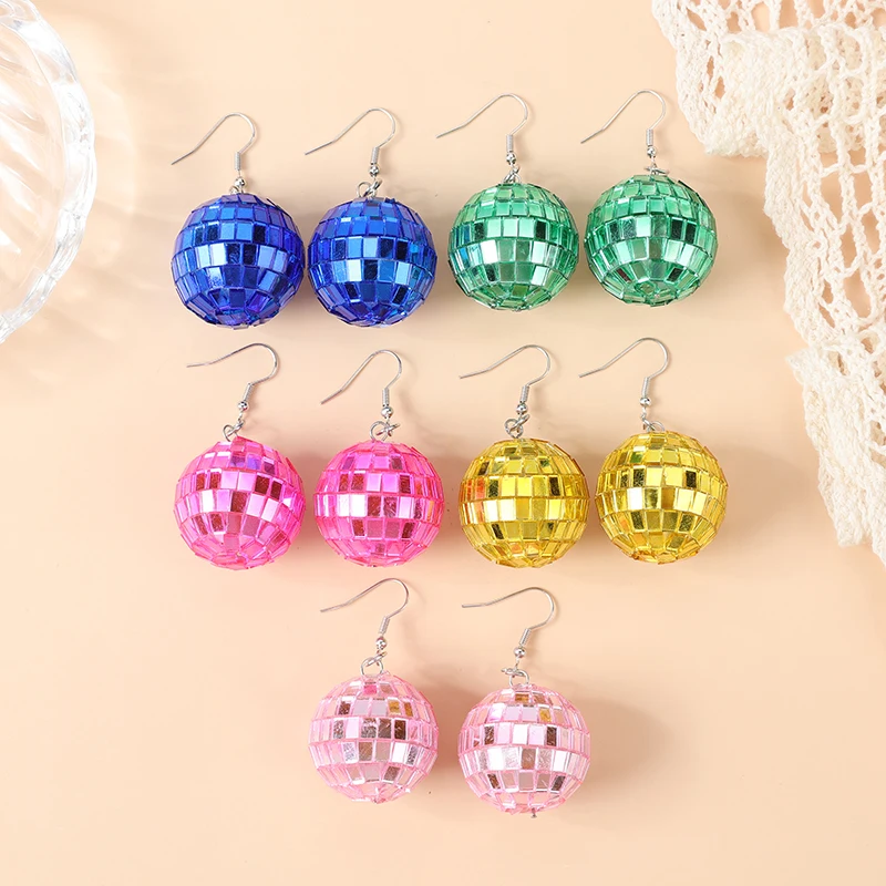 1Pair Fishon Dangle Earrings 3D Light Reflective Rotating Disco Ball For Women Birthday Part Gift