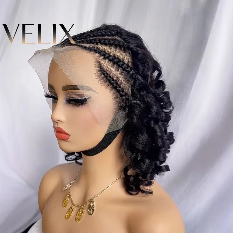 

180% Density 14 Inch Natural Black Human Hair 13x4 Lace Front Wig Braided with Rome Curly Loose Wavy Glueless Wig for Women