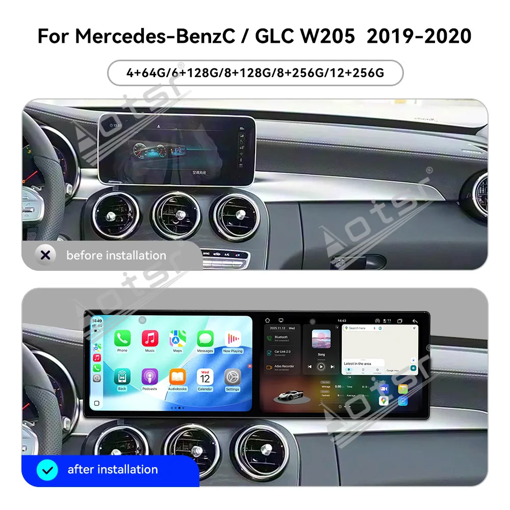 For Mercedes-Benz C-Class GLC W205 (5.5 System) 2019-2020 9.1 Inch Dual-Screen Car Radio GPS Nav Carplay Android Auto Plug&Play