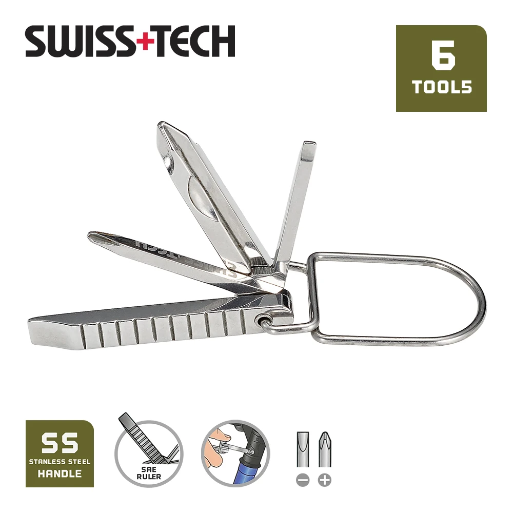 SWISS TECH 6 w 1 kieszonkowy wielofunkcyjny brelok do kluczy Mini zestaw narzędzi wielofunkcyjnych mały śrubokręt przenośne narzędzia EDC na zewnątrz sprzęt biwakowy