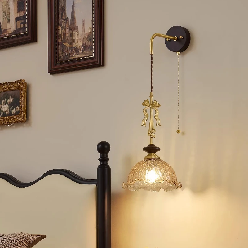 

French-Style All Copper Hanging Line Wall Lamps Bedroom Bedside Restaurant Aisle Bar Counter Glass Flower Retro Art Wall Lights