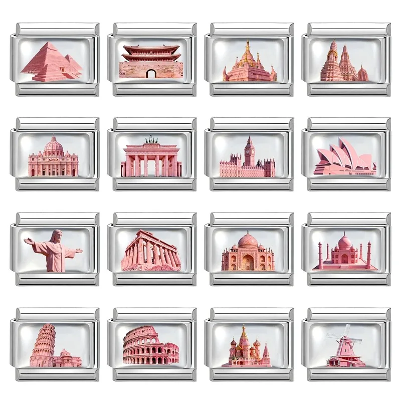 New2026 Hot Fashion Church Tower of Pisa Roman Colosseum Charm Italian Links Fit 9mm Bracelet Stainless Steel Making DIY Jewelry