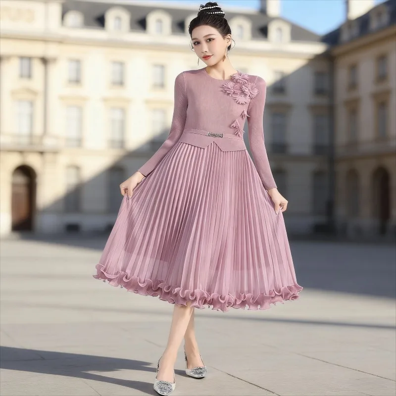 

Miyake Pleated Women's Dress 2026 New Long Sleeve Temperament Elegant Dresses Long Large Size Stretch Women's Wrinkle-Free Fold