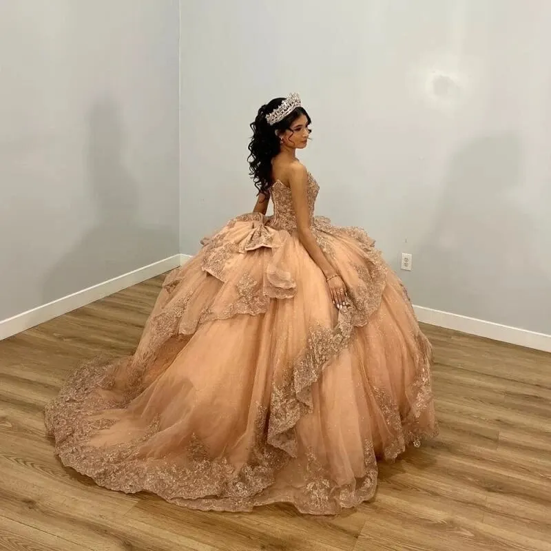 Champagne Gold Quinceanera Dress Princess Sweet 15 16 Years Birthday Party Gown Gift Long Puffy Skirt Pageant customized