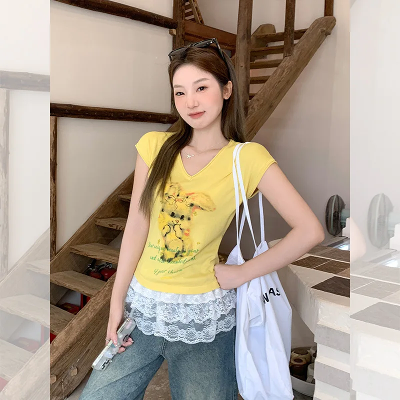 ลดอายุน่ารักกระต่ายพิมพ์Vคอสั้นเสื้อ \ \ \ \ \ \ \ \ \ \ \ \ \ \ \ \'sเสื้อยืด 2025 ใหม่Slimming Superสวยที่ไม่ซ้ํากันสไตล์Top