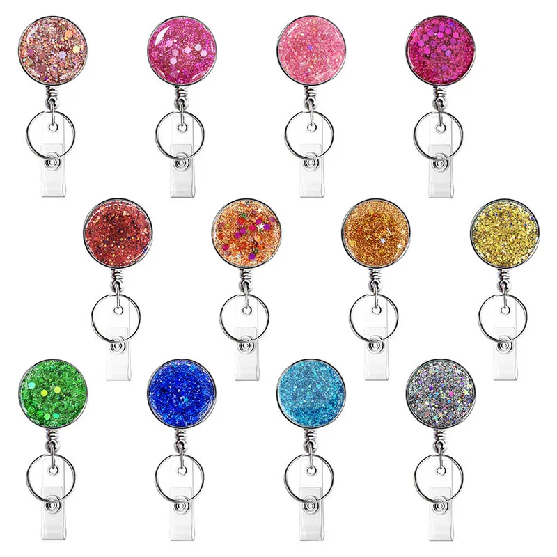 12 Colors Glitter Glue Doctor Nurse Hospital Badge Reel Retractable ID Badge Holder With 360 Rotating Alligator Clip Name Holder