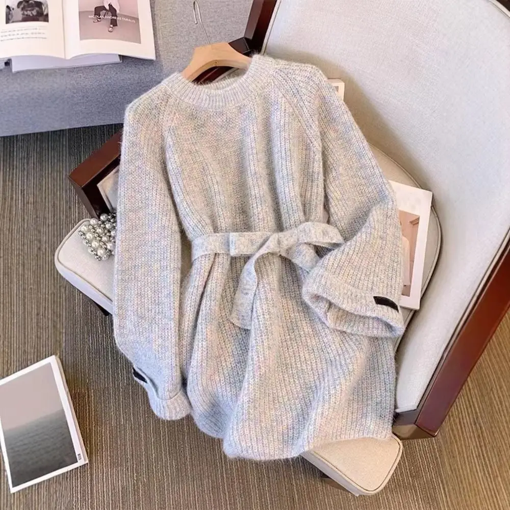 Knitted Texture Sweater Dress Long Sleeves Crew Neck Knitted Dress Ribbed Trim Loose Fit Round Neck Dress Women Fashion